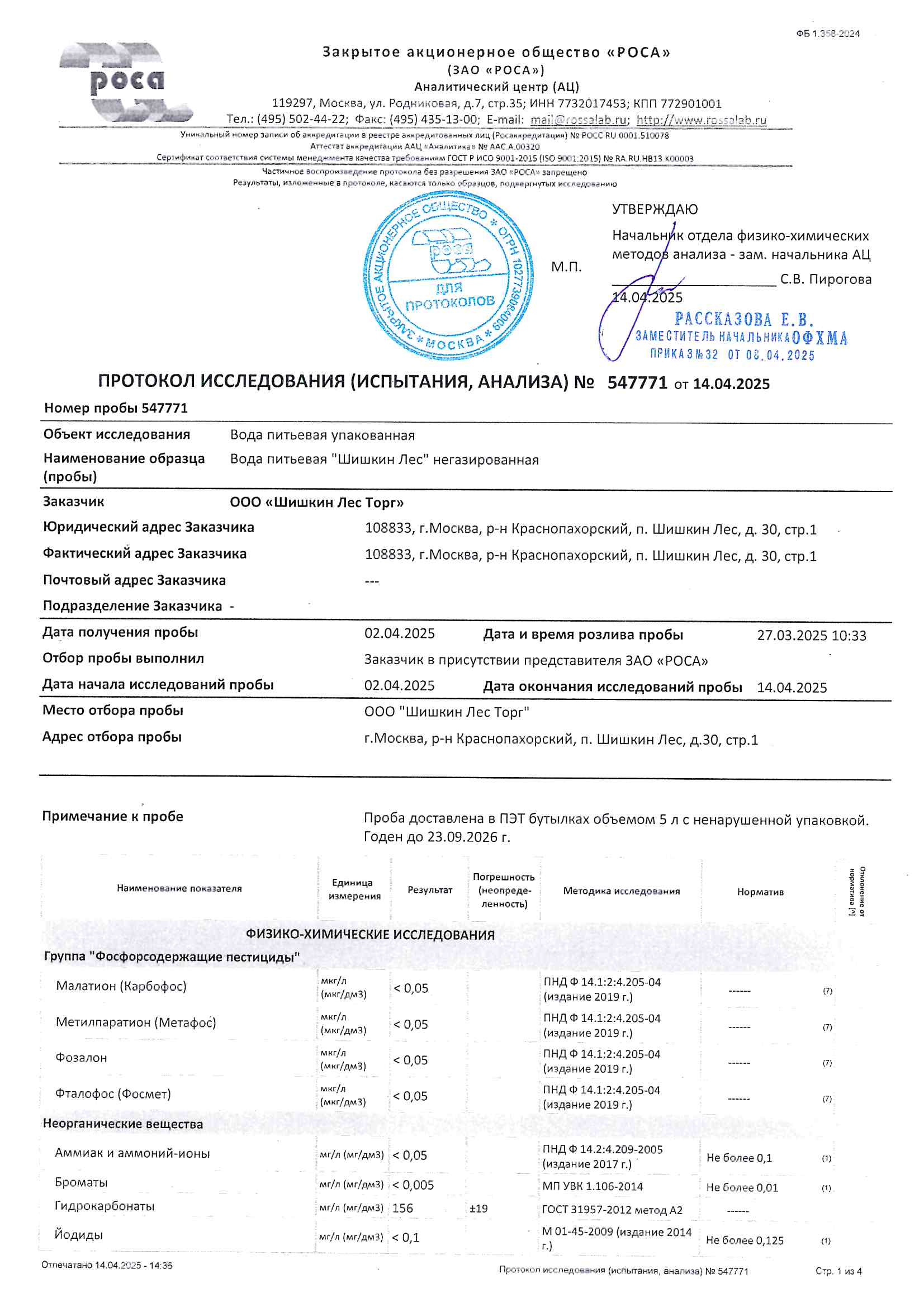 Протокол исследования №547771 от 14.04.2025 - Вода питьевая негазированная 