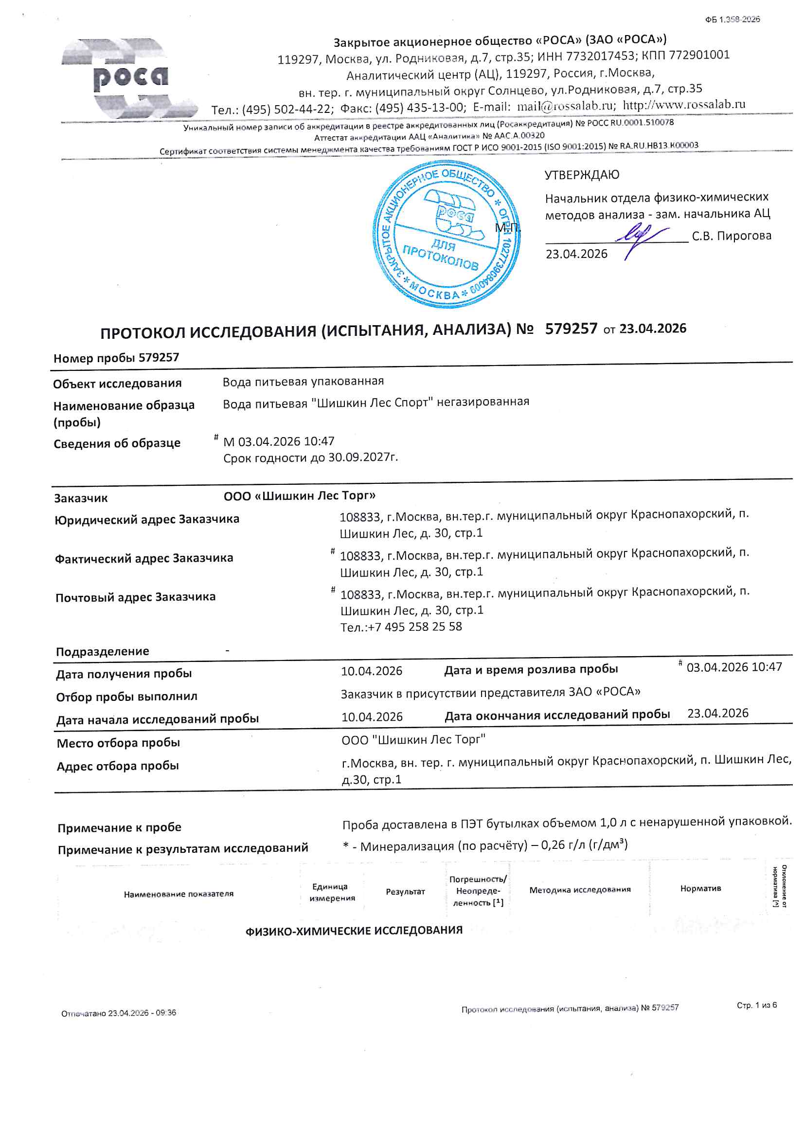 Протокол исследования №579257 от 23.04.2026 Вода питьевая негазированная 