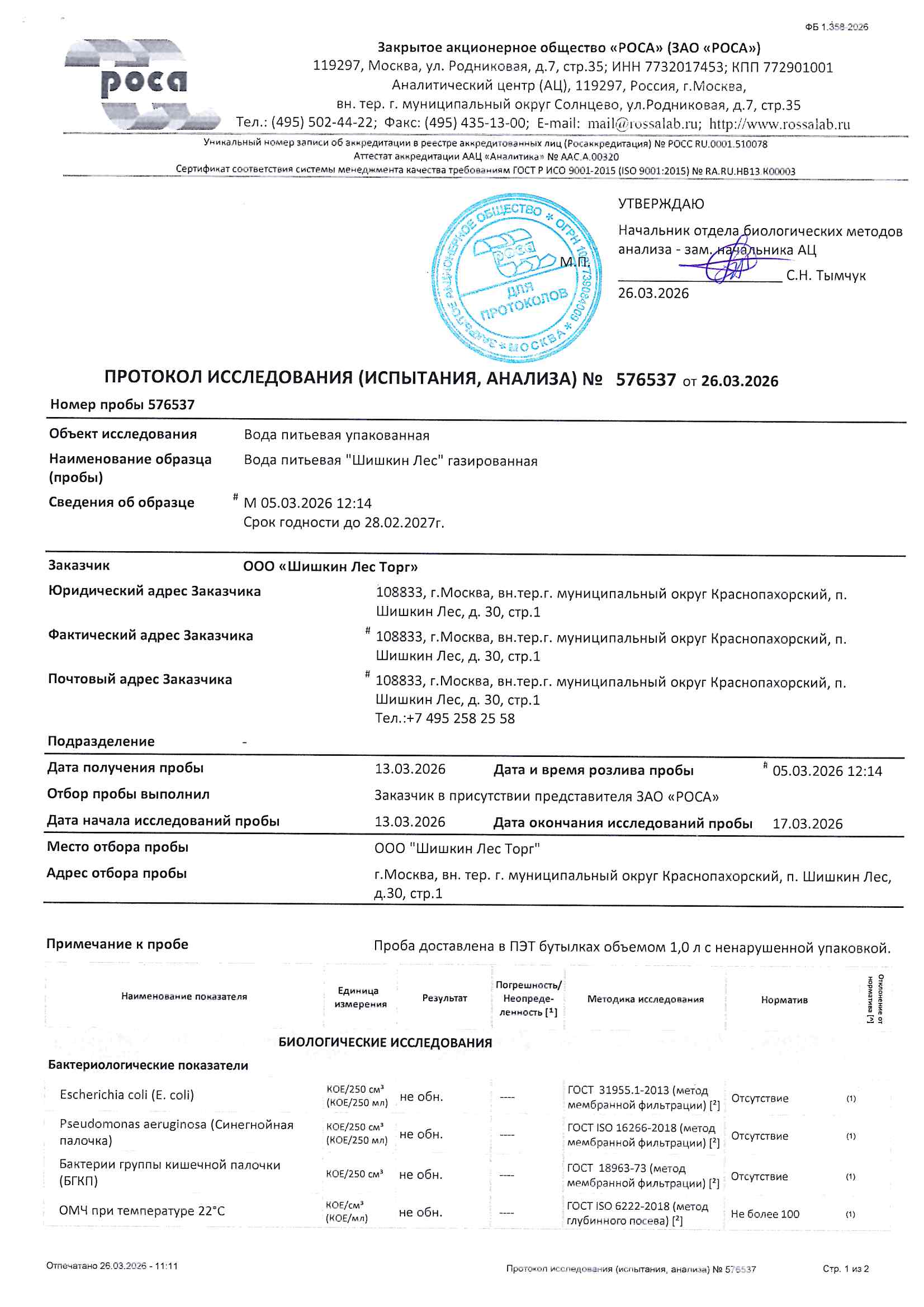 Протокол исследования №576537 от 26.03.2026 Вода питьевая газированная 